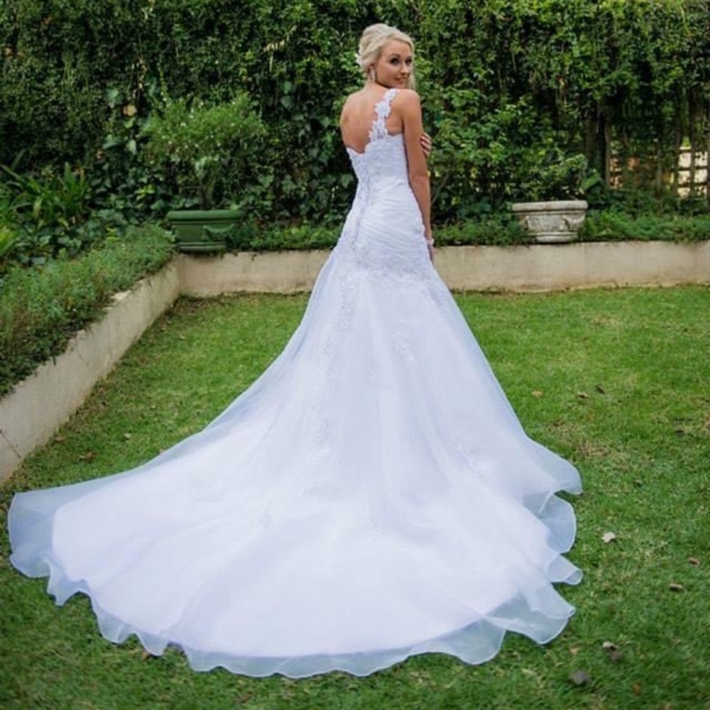 Maggie Sorrero, white, wedding dress, on one shoulder, beautifully beaded bodice